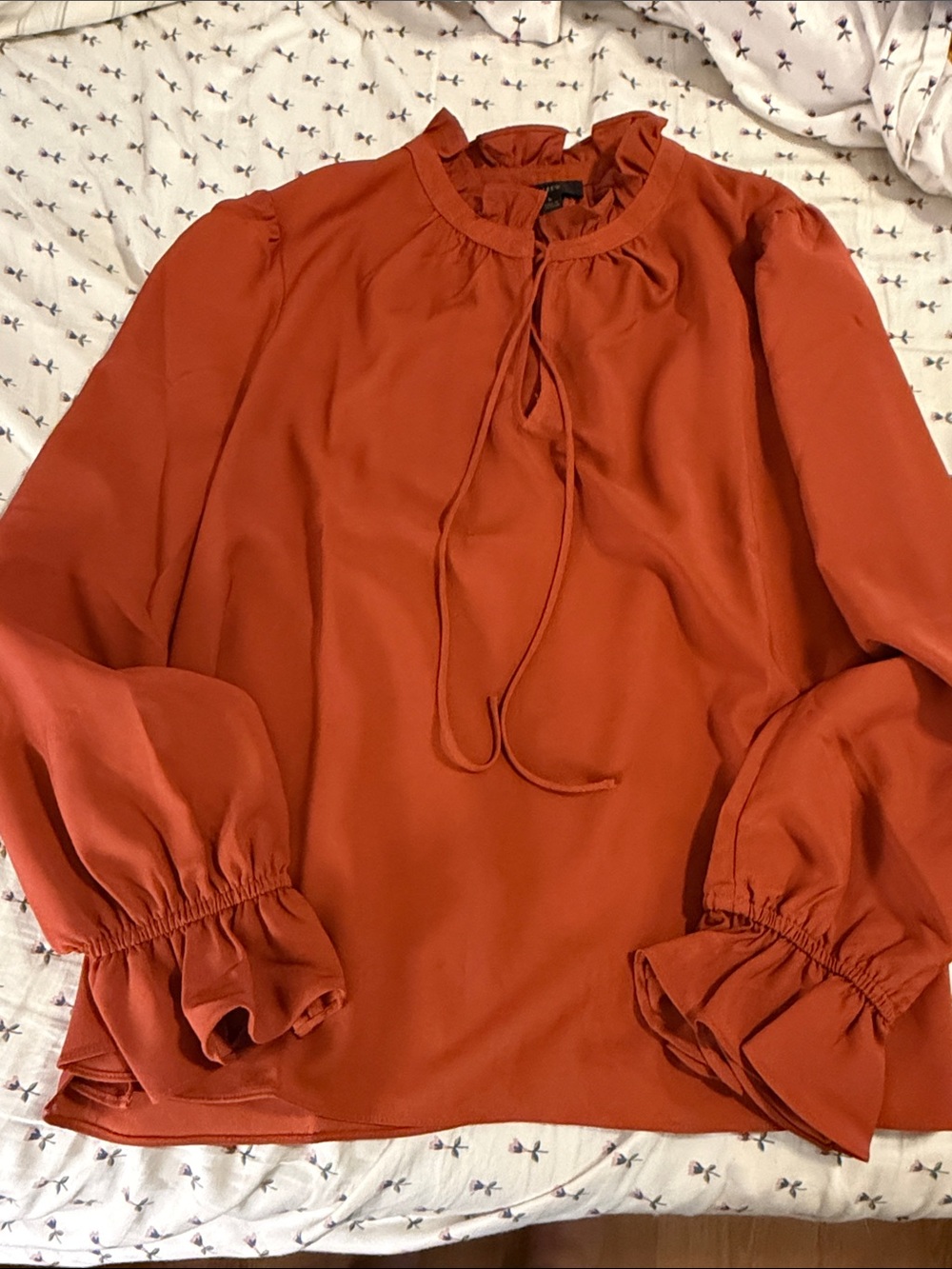 J. Crew Burnt Orange Tie-Neck Ruffle Cuff Blouse